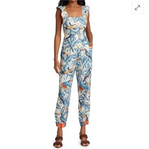 Farm Rio flying toucans ruffle linen jumpsuit -off white size XL